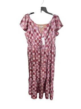 Floral Pink Tiered Midi Dress with Drawstring Waist. NWT. Size L